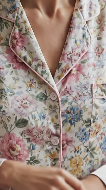 PJ-176-Garden Floral Satin Pajama Set With Button Up Top And Soft Matching Sleepwear Bottoms
