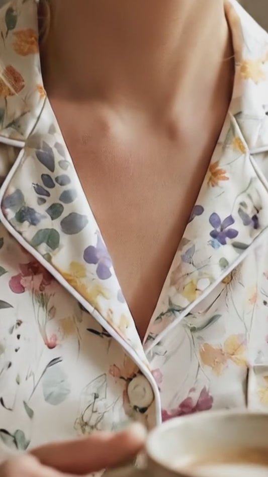 PJ-175-Pastel Floral Satin Pajama Set With Button Up Shirt And Soft Matching Bottoms FREE SHIPING