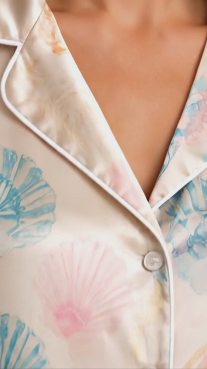PJ-072-Satin White Pastel Seashell Classic Piping Button Up Pajama Set