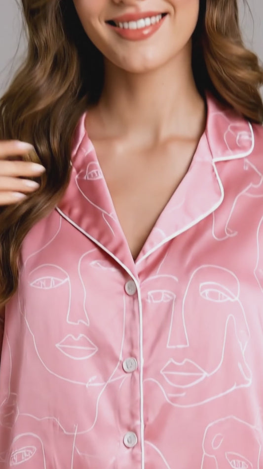 PJ-248-Pink Abstract Face Line Art Satin Pajama Set, Minimalist Loungewear Sleepwear Short Sleeve Outfit