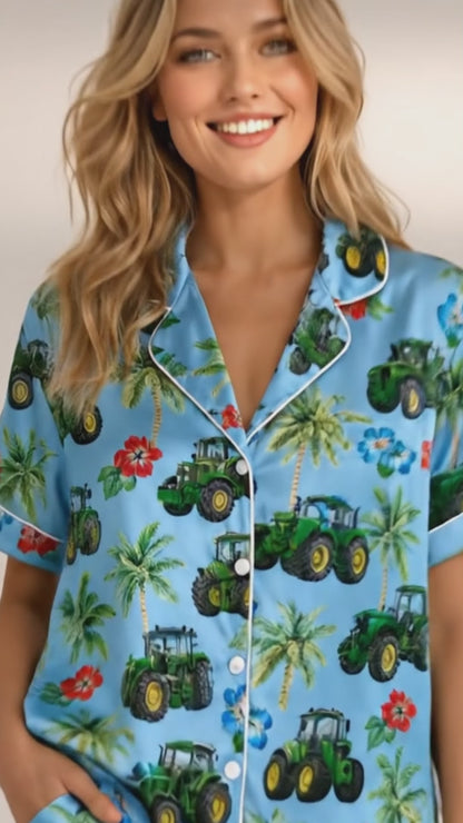 PJ-077-Unisex Blue Green Tractor Print Satin Pajamas Palm Tree Tropical Loungewear Sleepwear Nightwear Pjs Two Piece