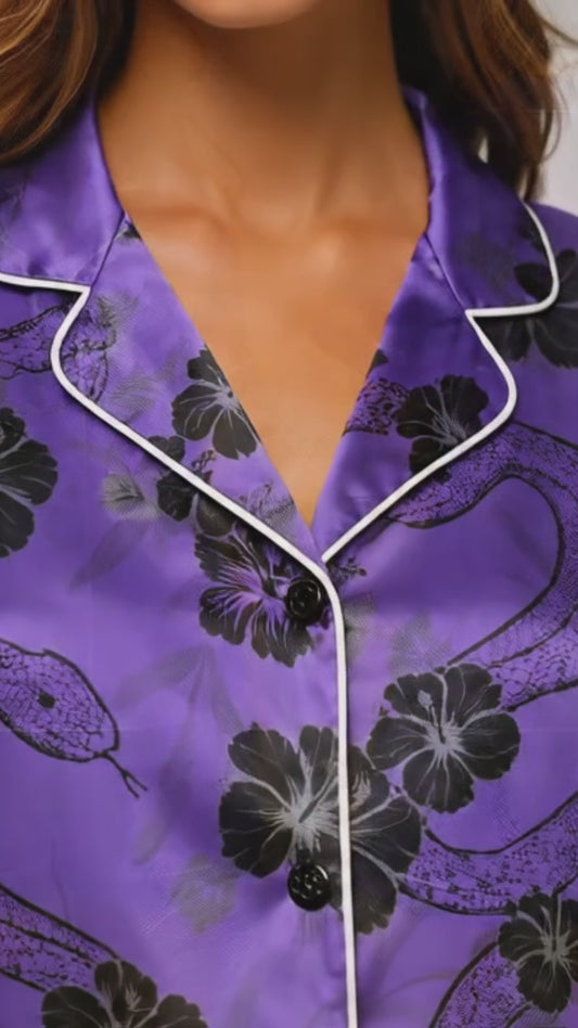 PJ-036-Satin Purple Floral Snake Button Up Pajama Set FREE SHIPING