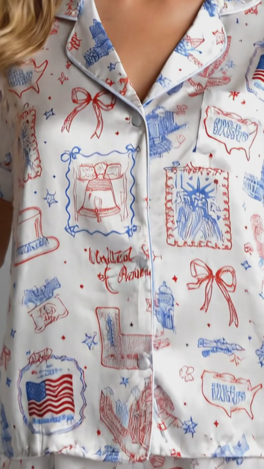 PJ-210-Unisex Satin Pajama Set with USA Patriotic Doodle Print Button Down Sleepwear Shirt and Pants