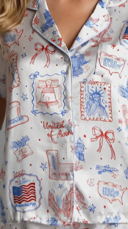 PJ-210-Unisex Satin Pajama Set with USA Patriotic Doodle Print Button Down Sleepwear Shirt and Pants