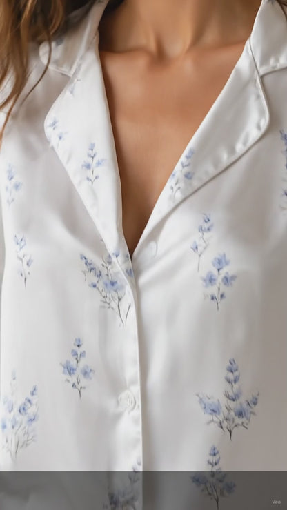 PJ-135-Minimal Blue Floral Satin Pajama Set, White Button Up Shirt, Delicate Botanical Sleepwear Gift