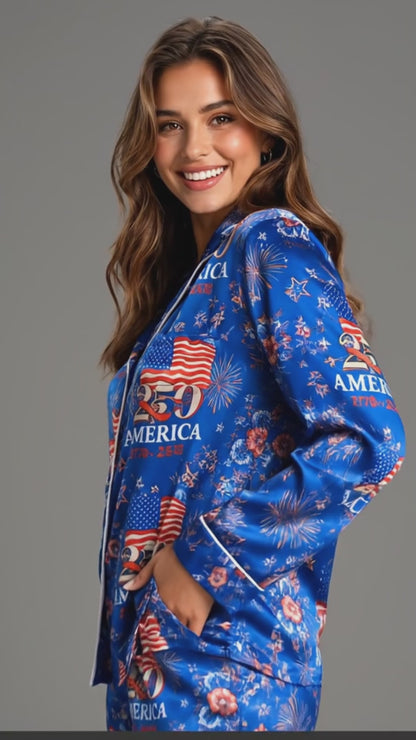 PJ-117-Patriotic Floral Satin Pajama Set With Colonial Drum Flag Print And Button Up Shirt