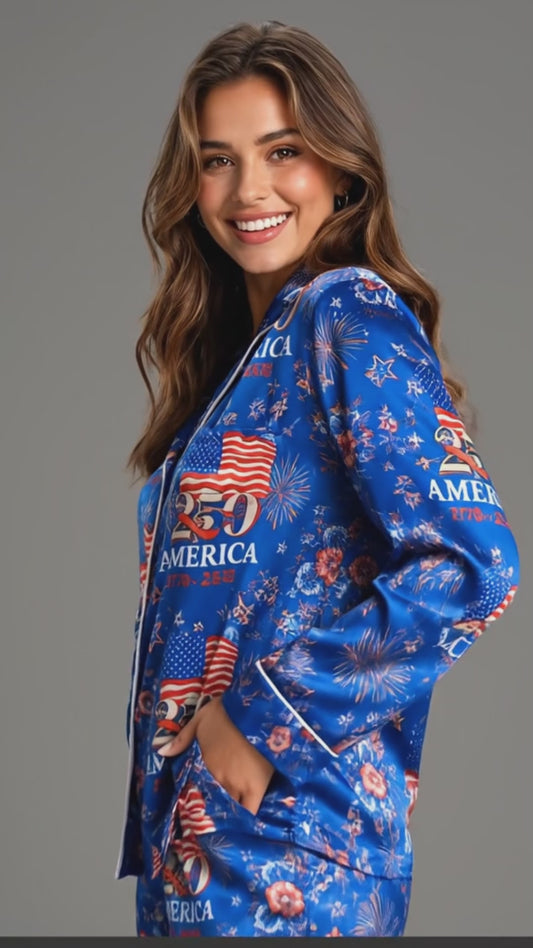 PJ-117-Patriotic Floral Satin Pajama Set With Colonial Drum Flag Print And Button Up Shirt FREE SHIPPING