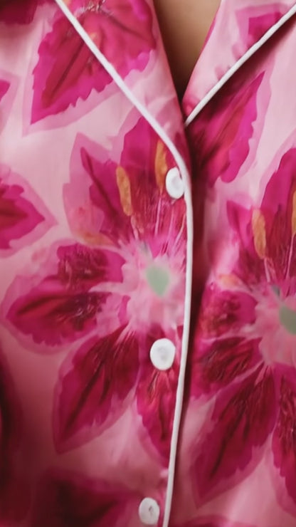 PJ-223-Lily Pure Mulberry Silk Pajama Set, Pink Floral Blossom Print Botanical Loungewear Sleepwear Collection