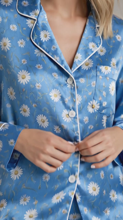 PJ-164-Satin Cornflower Blue Daisy Meadow White Piping Button Up Pajama Set