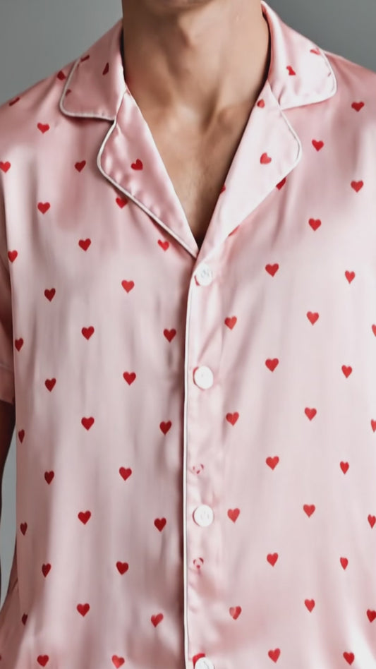 PJ-111-Unisex Men Women Pink Ditsy Heart Print Satin Pajamas Romantic Valentine Loungewear Sleepwear Nightwear Pjs Set FREE SHIPPING
