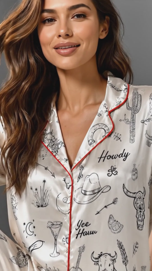 PJ-098-Unisex Western Cowboy Rodeo Satin Pajama Set with High Quality Ranch Illustration Print FREE SHIPPING