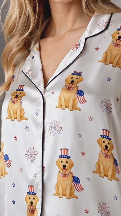 PJ-146-White Unisex Satin Golden Lab Pattern Pajamas Patriotic Fireworks Loungewear Sleepwear Nightwear Apparel Matching Set