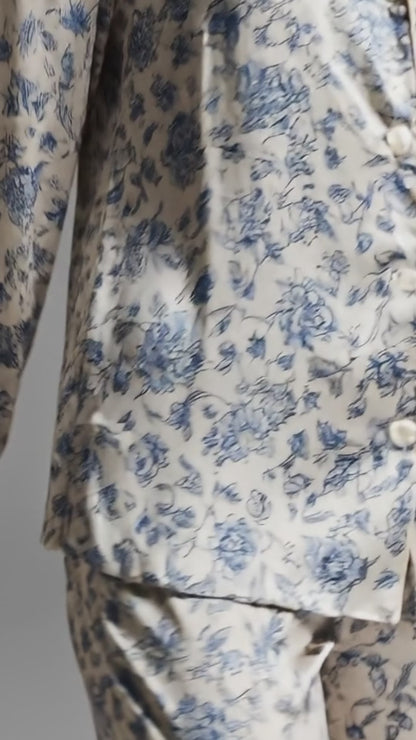 PJ-178-Vintage Floral Satin Sleepwear Set With Button Up Shirt And Comfortable Matching Pajama Bottoms