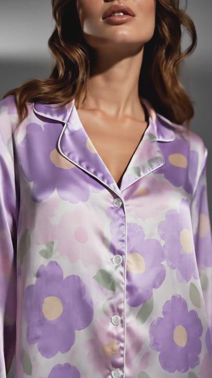 PJ-132-Abstract Botanical Pattern Pajamas Luxury Satin Pastel Violet Theme Boxy Fit Loungewear Sleepwear Nightwear Apparel Set FREE SHIPING