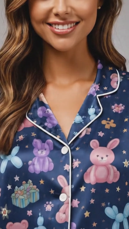 PJ-045-Satin Navy Balloon Animal & Plushie White Piping Button Up Pajama Set