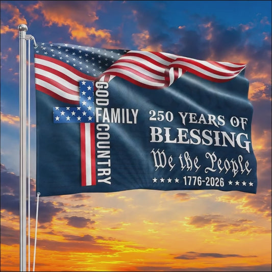 FLG-372-Navy Blue Patriotic Christian Cross Flag, United States Semiquincentennial 250th Anniversary Celebration Tapestry