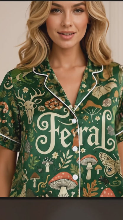 PJ-078-Feral Forest Pajama Set Featuring Woodland Animals, Mushrooms, Skulls, and Mystical Nature Print