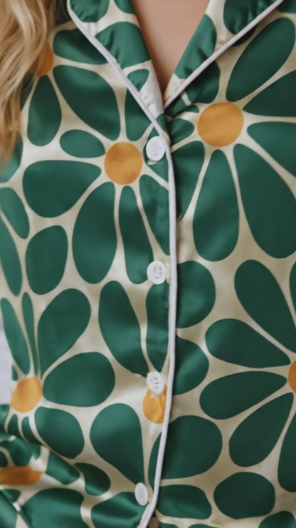 PJ-222-Emerald Daisy Satin Pajama Set With Button Up Top And Soft Matching Sleepwear Bottoms