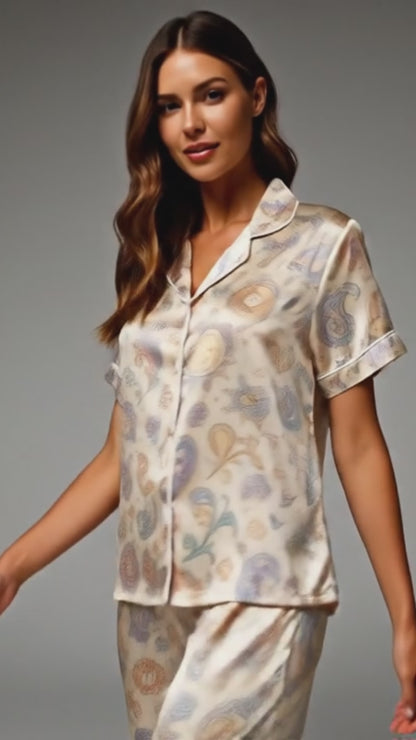 PJ-040-Satin Pastel Celestial White Piping Button Up Pajama Set