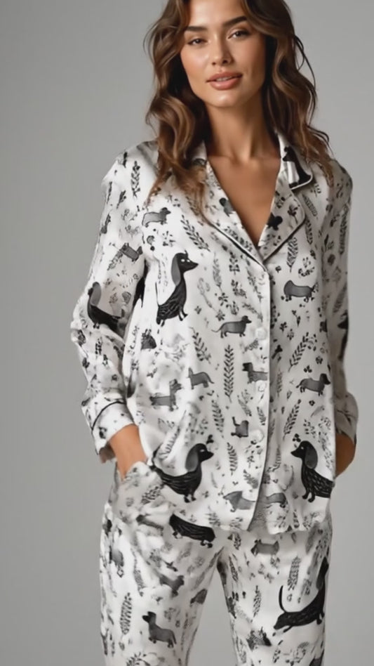 PJ-099-White Unisex Satin Dachshund Pattern Pajamas Black Grey Puppy Loungewear Sleepwear Nightwear Apparel Matching Set FREE SHIPING