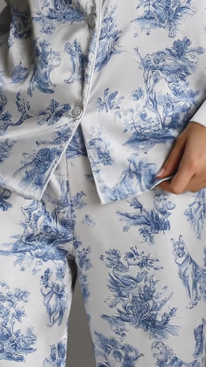 PJ-147-Unisex Satin Pajama Set with Blue Dog Toile Print Button Down Sleepwear Shirt and Pants