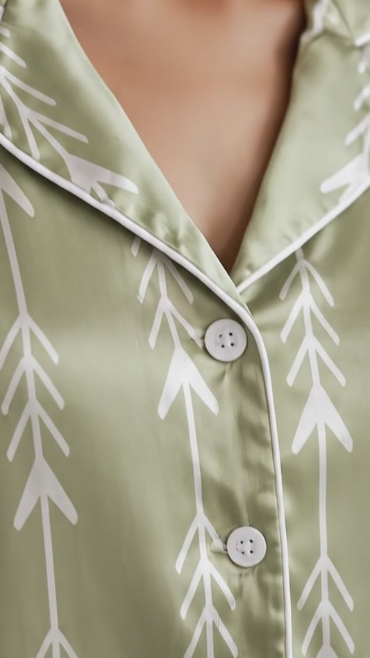 PJ-197-Unisex Satin Pajama Set with Sage Green Arrow Print Button Down Sleepwear Shirt and Pants