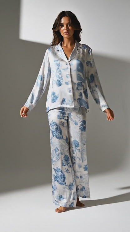 PJ-102-Satin Blue Coastal Patchwork White Piping Button Up Pajama Set