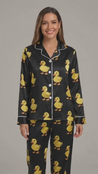 PJ-008-Classic Satin Duck Pattern Pajama Set with Black Trim