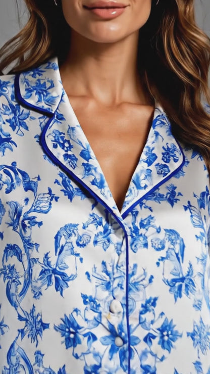PJ-060-Satin White Porcelain Floral Blue Piping Button Up Pajama Set