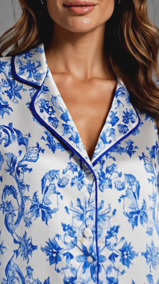 PJ-060-Satin White Porcelain Floral Blue Piping Button Up Pajama Set FREE SHIPPING