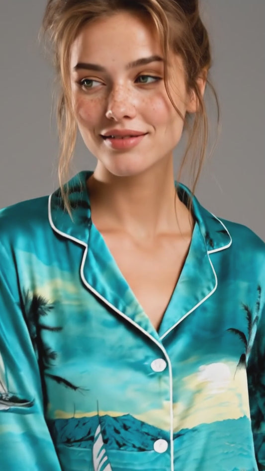 PJ-088-Unisex Tropical Ocean Pajama Set with Palm Trees, Sailboats, and Sunset Beach Pattern FREE SHIPPING