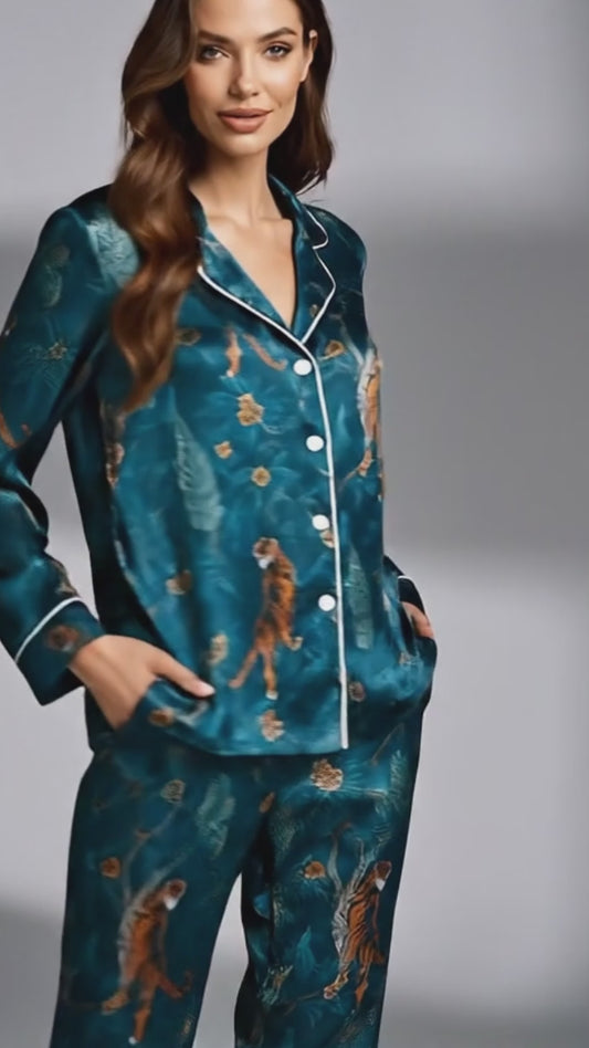 PJ-058-Satin Teal Exotic Jungle White Piping Button Up Pajama Set FREE SHIPING