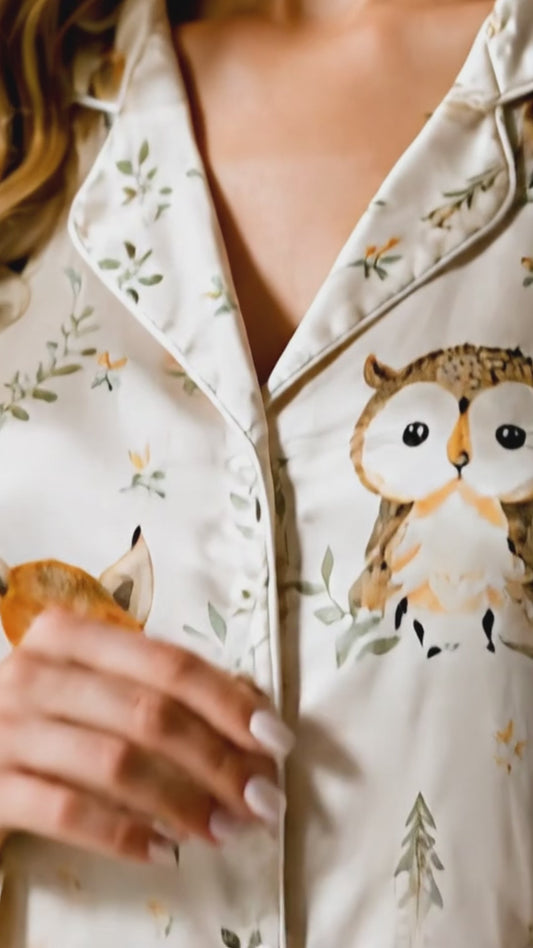 PJ-190-Cute Forest Animal Satin Sleepwear Set With Button Up Shirt And Soft Matching Pajama Bottoms