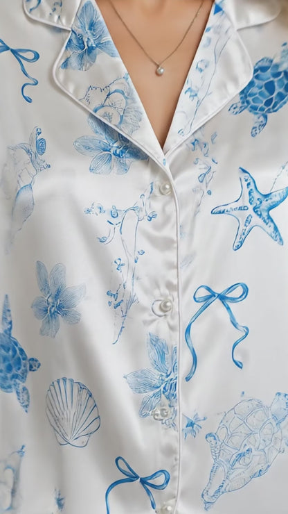 PJ-158-Satin White Watercolor Turtle Classic Piping Button Up Pajama Set