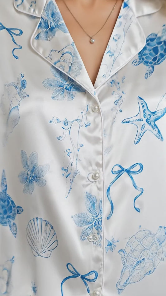 PJ-158-Satin White Watercolor Turtle Classic Piping Button Up Pajama Set FREE SHIPPING