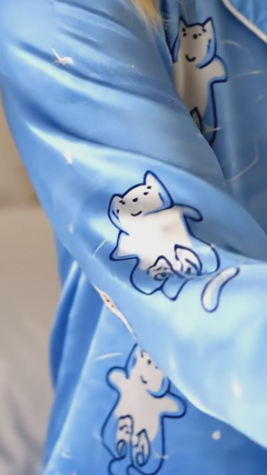 PJ-157-Satin Sky Blue Celestial Kitty White Piping Button Up Pajama Set FREE SHIPING