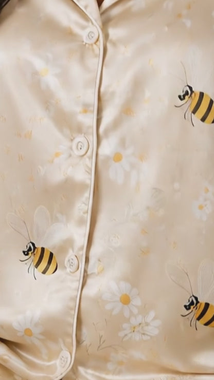 PJ-179-Honeybee Daisy Satin Pajama Set With Button Up Top And Soft Matching Sleepwear Bottoms