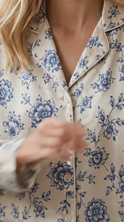 PJ-173-Satin Ivory Blue Porcelain Floral Classic Piping Button Up Pajama Set