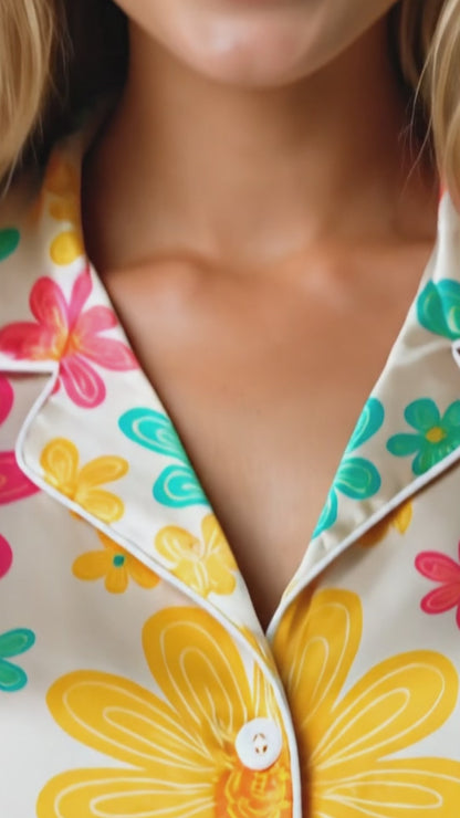 PJ-235- Women Pink Retro Floral Print Silk Satin Pajamas Groovy Flower Loungewear Sleepwear Nightwear Daisy Matching Clothing Set