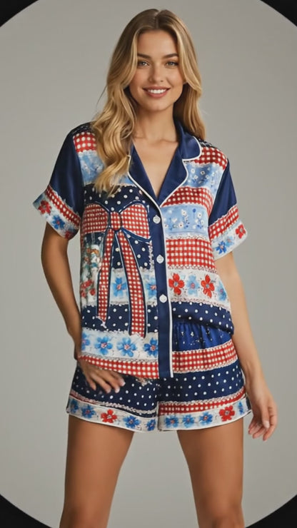 PJ-202-Satin Colorful Americana Festive Ribbon Button-Up Set