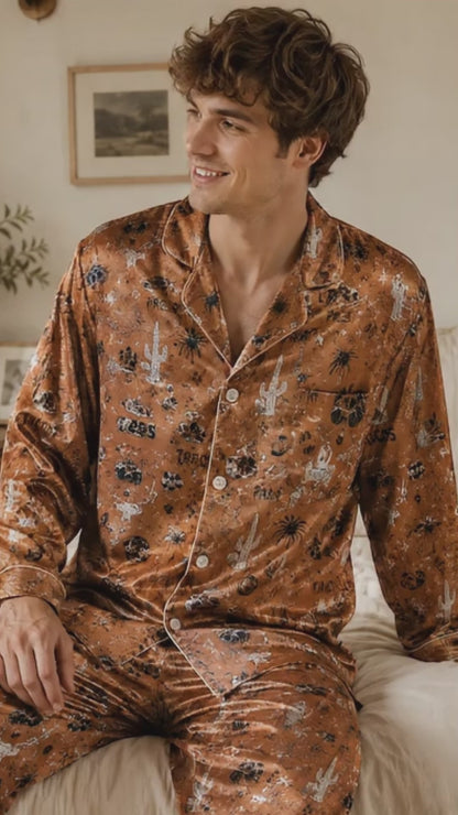 PJ-153-Brown Unisex Satin Taco Pattern Pajamas Mexican Food Theme Loungewear Sleepwear Nightwear Apparel Matching Set