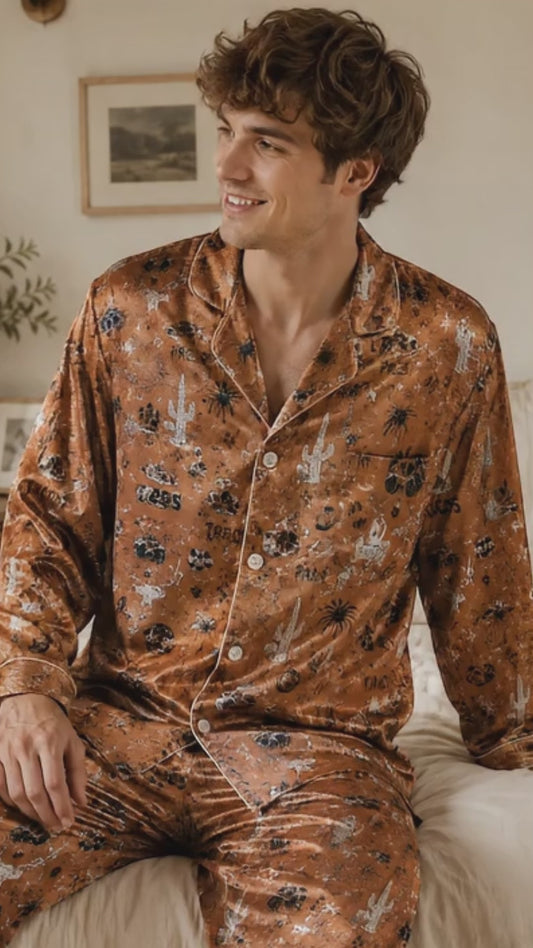 PJ-153-Brown Unisex Satin Taco Pattern Pajamas Mexican Food Theme Loungewear Sleepwear Nightwear Apparel Matching Set FREE SHIPPING