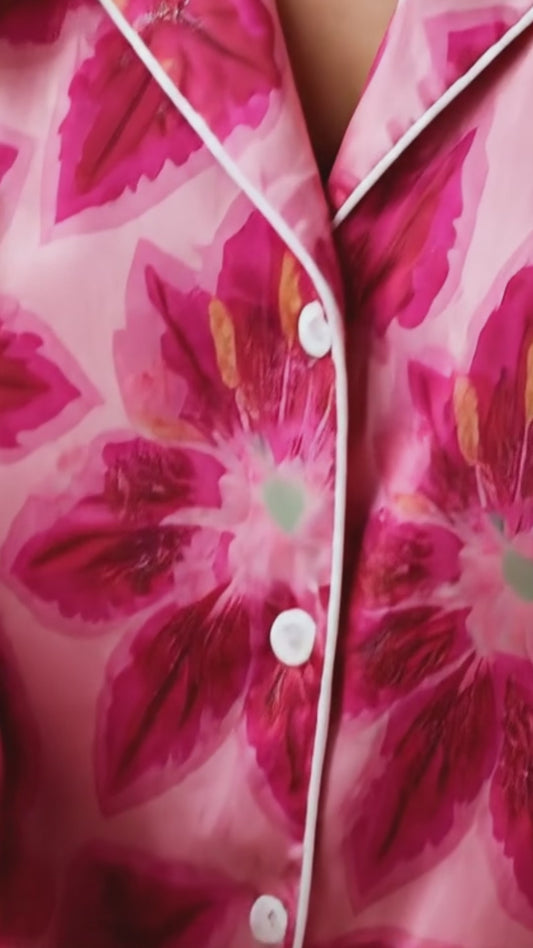 PJ-223-Lily Pure Mulberry Silk Pajama Set, Pink Floral Blossom Print Botanical Loungewear Sleepwear Collection FREE SHIPING