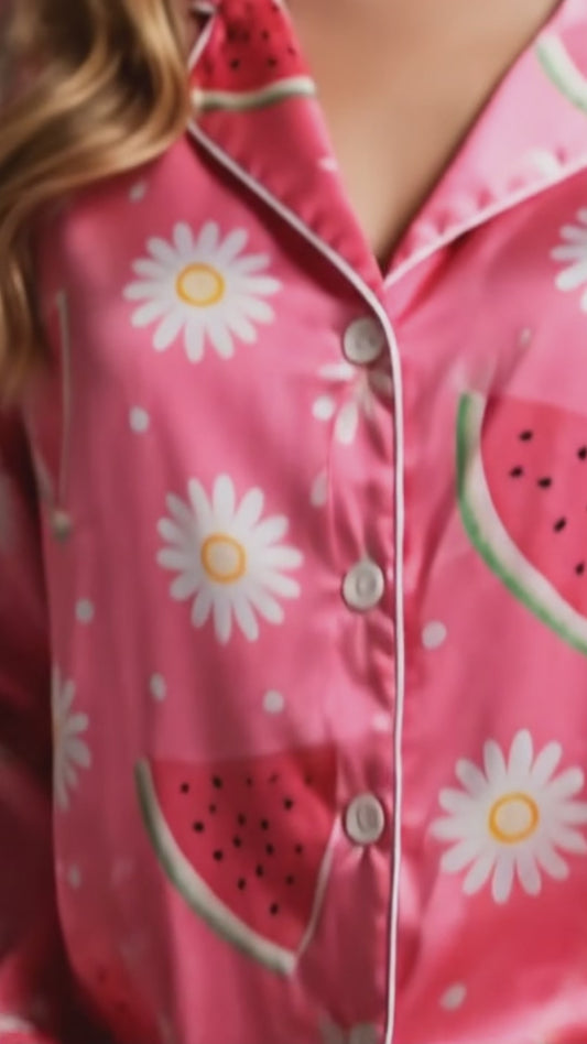 PJ-252-Repeating Melon Printed Satin Pajama Set, Whimsical Rose Pastel Unisex Sleepwear Lounge Coordinates Suit