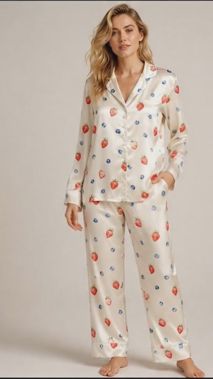 PJ-067-Strawberry and Blueberry Print Pajama Set with Fresh Berry Pattern Artwork Design