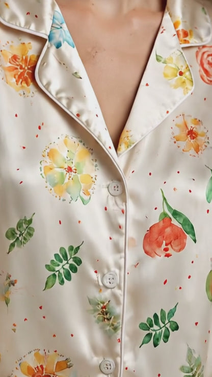 PJ-148-Women Satin Pajamas with Colorful Flower Print Button Front Sleepwear Shirt and Pants