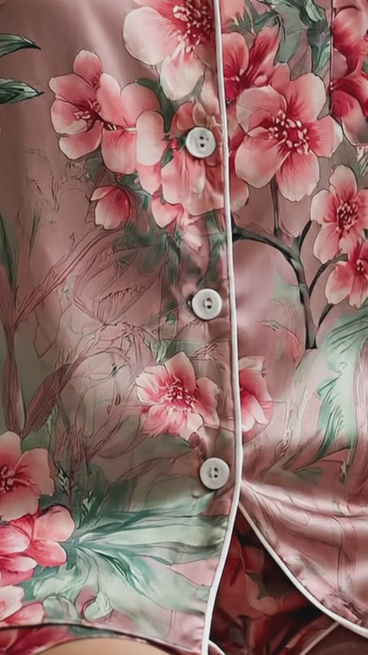 PJ-169-Satin Ombre Rose Cherry Blossom White Piping Button Up Pajama Set