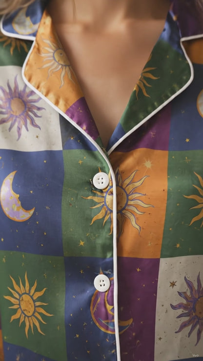 PJ-226-Unisex Satin Pajama Set with Celestial Sun Moon Patchwork Print Button Down Sleepwear Shirt and Pants