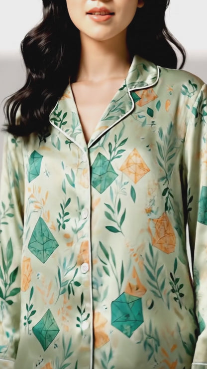 PJ-086-Dice and Leaves Pajama Set with Polyhedral RPG Pattern and Whimsical Game Artwork