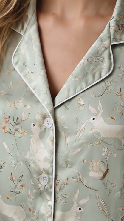 PJ-192-Soft Rabbit Satin Sleepwear Set With Leafy Floral Print And Comfortable Matching Pajama Bottoms